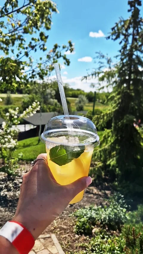 Hand Holding Cold Lemonade Drink in Sunny Summer Garden Setting Stock Footage 339085793