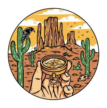 Hand holding compass in desert Stock Illustration