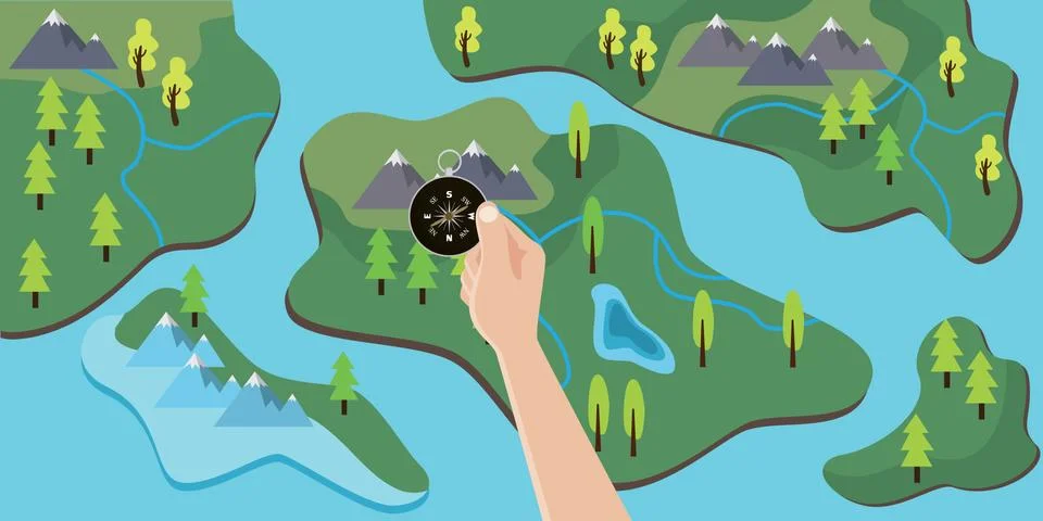 Hand holding a compass on top of map to travel adventure Stock-Illustration