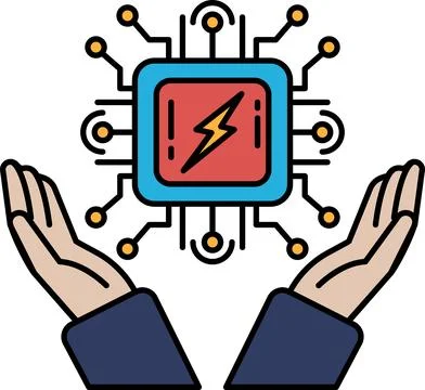 A hand is holding a computer chip with a lightning bolt on it 스톡 일러스트