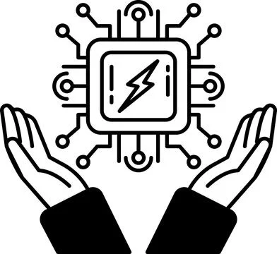 A hand is holding a computer chip with a lightning bolt on it Stock Illustration