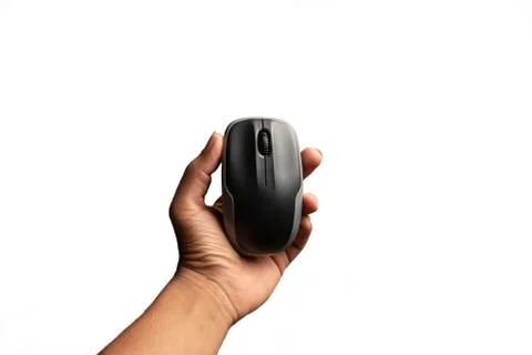 Hand holding computer mouse isolated on the white background.above view of co Stock Photos