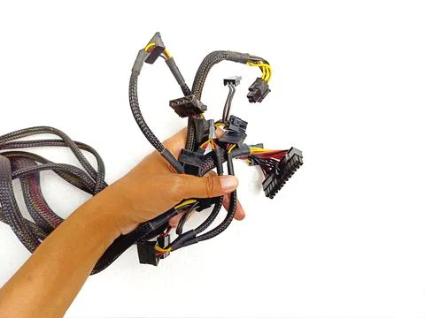 Hand Holding Computer Power Supply Wiring Harness With Multiple Connectors Stockfoto's