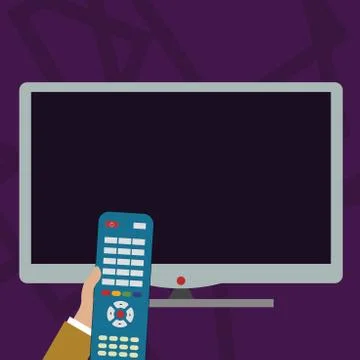 Hand Holding Computer Remote Control infront of Blank Wide Flat Color PC Screen Stock Illustration