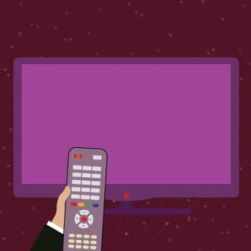 Hand Holding Computer Remote Control infront of Blank Wide Flat Color PC Screen Stock Illustration