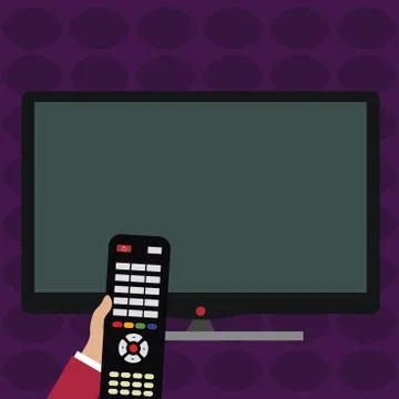 Hand Holding Computer Remote Control infront of Blank Wide Flat Color PC Screen Stock Illustration