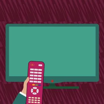Hand Holding Computer Remote Control infront of Blank Wide Flat Color PC Screen Stock Illustration