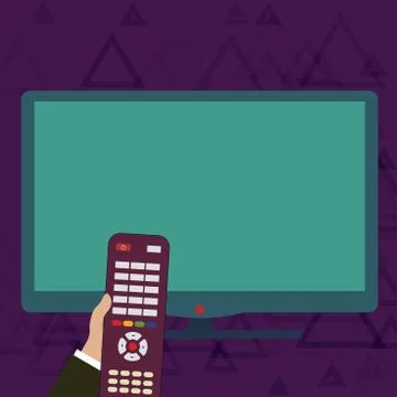 Hand Holding Computer Remote Control infront of Blank Wide Flat Color PC Screen Stock Illustration