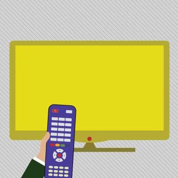 Hand Holding Computer Remote Control infront of Blank Wide Flat Color PC Screen Stock Illustration