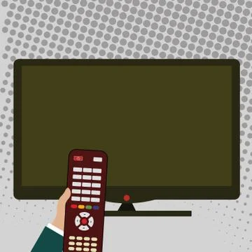 Hand Holding Computer Remote Control infront of Blank Wide Flat Color PC Screen Ilustração Stock