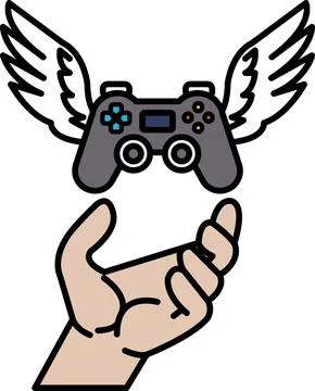 A hand holding a controller with wings on top of it Stock Illustration