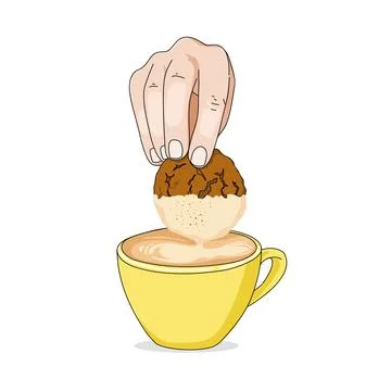 Hand holding a cookie dyed in a cup of coffee latte Stock Illustration