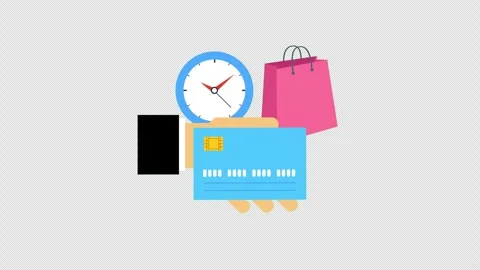 Hand Holding Credit Card with Shopping Bag and Clock Online Payment Animation Video stock 339769853