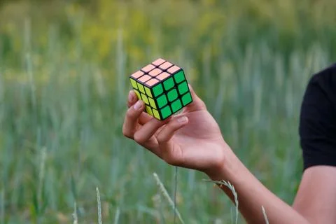 Hand holding cube of rubik Stock Photos
