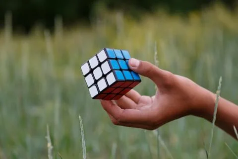 Hand holding cube of rubik Stock Photos