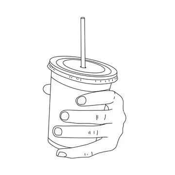 Hand holding a cup of coffee with a straw line art drawing coloring page Stock Illustration