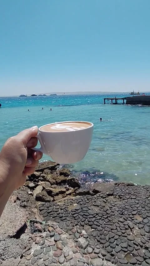 Hand holding cup of latte coffee against the sea Stock Footage 340014412