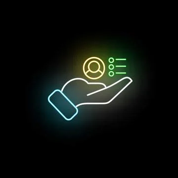 Hand holding customer profile and service list neon icon Illustrazione stock
