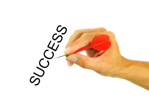 Hand holding dart isolated on white background. text for success Foto stock