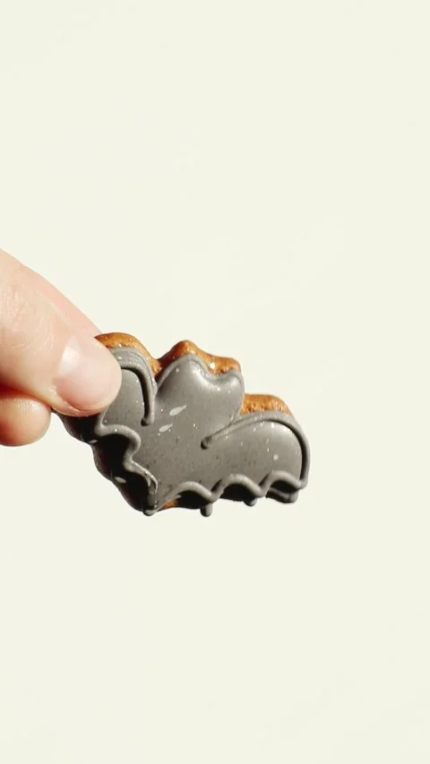 Hand holding a decorated bat-shaped cookie for Halloween celebration. Festi.. Stock Footage 342500955