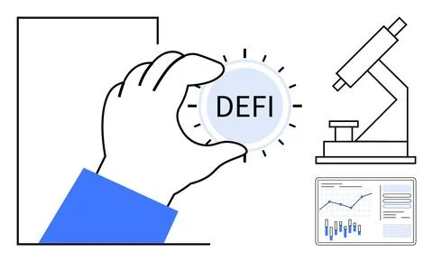 Hand holding a DEFI coin, microscope beside, analytic growth chart displaying Stockillustratie