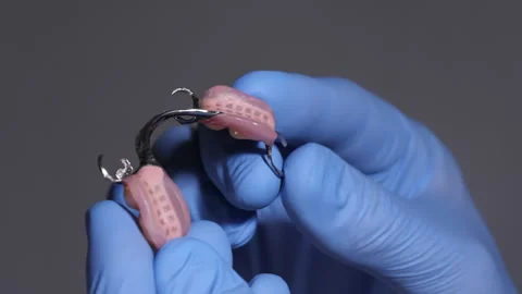 Hand holding dental prosthesis with pink base and metal clasps in focus Stock Footage 342154694