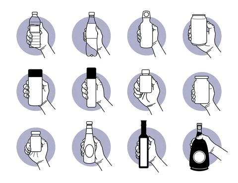 Hand holding different type of drinking and beverage bottle designs. Vector i Stock Illustration