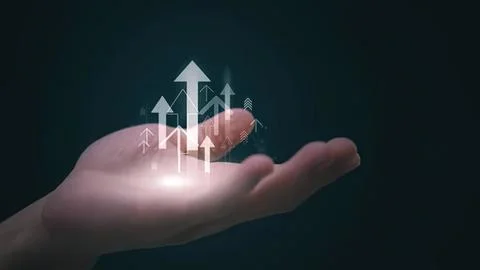 Hand holding digital arrows pointing up in dark background Stock Photos