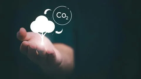 Hand holding digital cloud with co2 symbol and moon Stock Photos