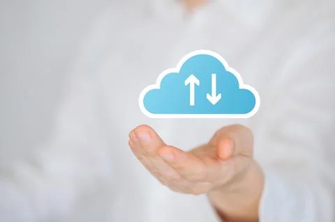 Hand holding digital cloud icon with upload and download arrows Stock Photos