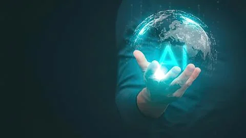 Hand holding digital globe with ai symbol and glowing effects Stock Photos