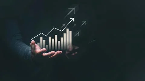 Hand holding digital graph with rising arrows and bars Stock Photos
