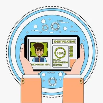 Hand Holding Digital Tablet Scanning Male User Face Recognition And Illustrazione stock