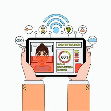 Hand Holding Digital Tablet Scanning Female User Face Recognition And Stock Illustration