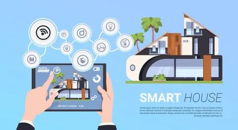 Hand Holding Digital Tablet With Smart Home Management System Interface Concept Stockillustratie