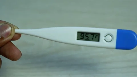 Hand Holding Digital Thermometer With Temperature Reading, Close-up of a ha.. Stock Footage 346484417