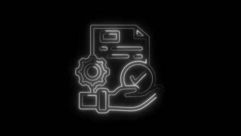 Hand holding document with check mark and gear glowing neon light animation Stock Footage 312309898