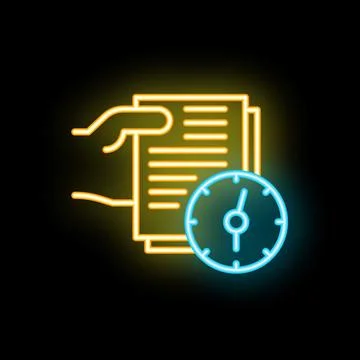 Hand holding documents with clock neon sign on black background Stock Illustration