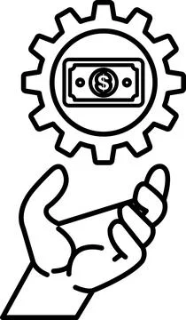 Hand holding a dollar bill in front of a gear Stock Illustration