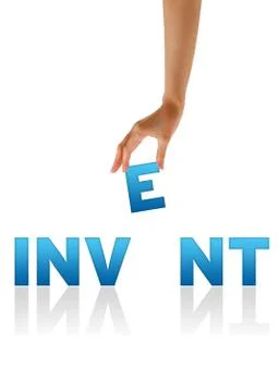 Hand holding e of the word invent 스톡 일러스트