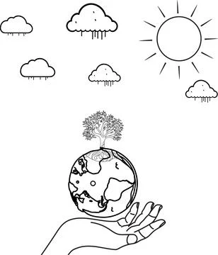 Hand holding the earth globe with tree, sun, rain, clouds, black line art o.. Stock Illustration