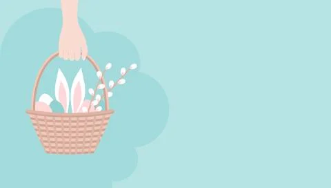 Hand holding Easter basket with eggs, rabbit ears and willow blossom Stock Illustration
