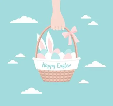 Hand holding Easter basket with eggs, bunny ears inside and a bow on the handle Illustration