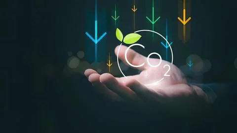 Hand holding eco friendly leaf and co2 icon in dark background Stock Photos