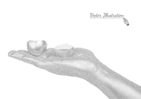 Hand holding eggshell in style black a white engraving Stock Illustration