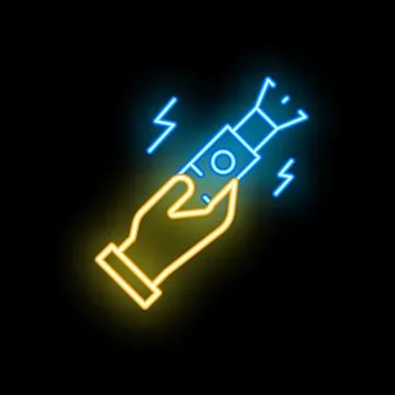 Hand holding electronic cigarette neon sign on black background Illustrazione stock