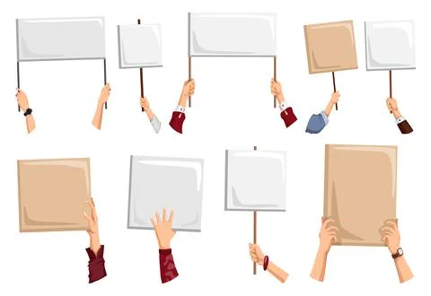 Hand holding empty placards with place for text. Person hand holding blank cards Stock Illustration