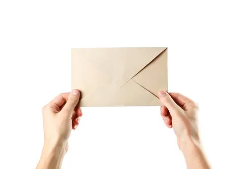 The hand holding the envelope. Close up. Isolated on white background Stockfoto's