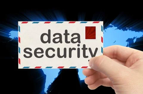 Hand holding envelope with data security word and world background Stock Photos