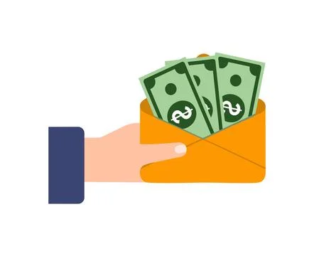 Hand Holding Envelope Full of Dollar Bills Vector Illustration. Stock Illustration